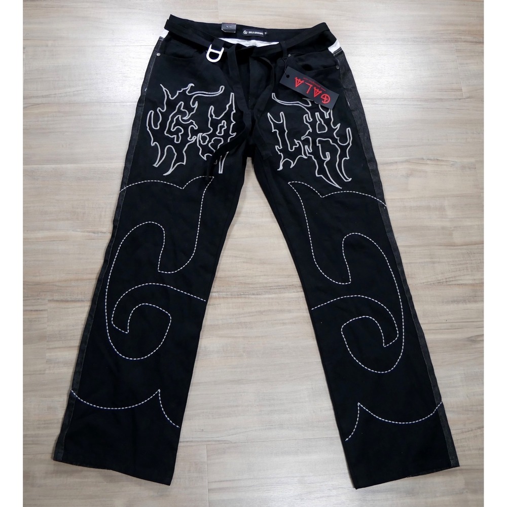 Gala Original‎ Black Embroidered Gothic Punk Rock Pants Mens 38 NEW  D-Ring Belt